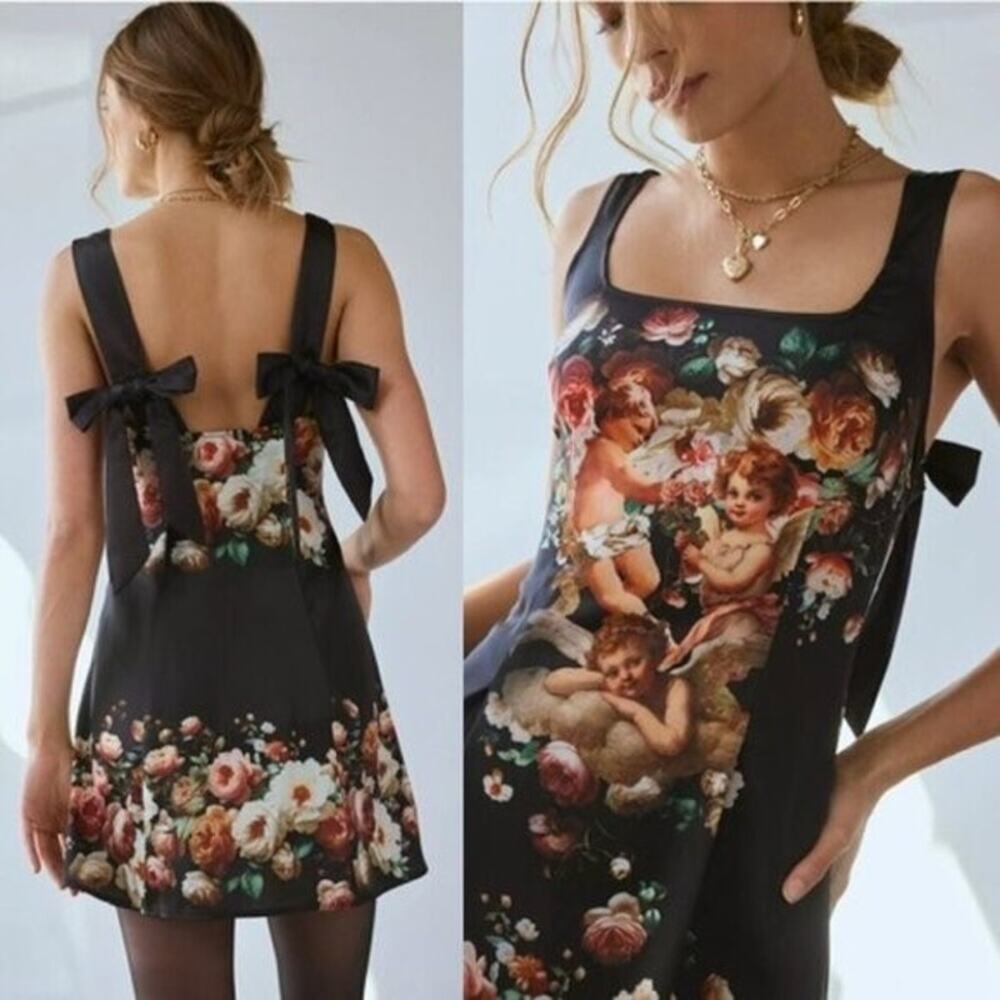 NWT Urban Outfitters Bri Double Bow Mini Dress Size M Black Floral Angels
